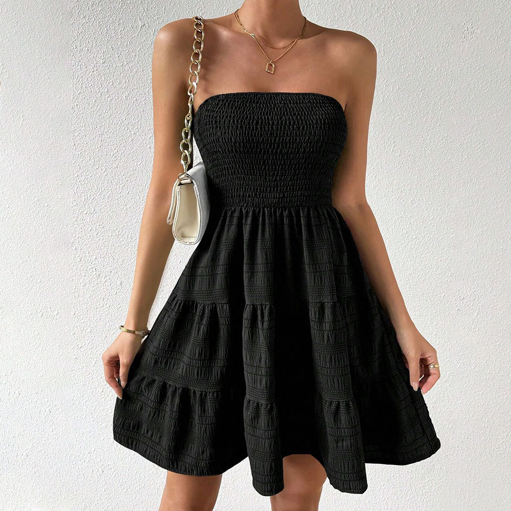 2025 Amazon Cross-border Women's Clothing Summer New one-neck strapless solid color versatile textured dress Specification image