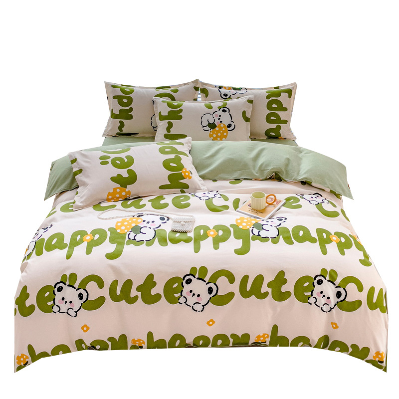 New pure cotton brushed four-piece set, fresh and thick bed sheet and duvet cover, student washed cotton three-piece set bedding Item Picture