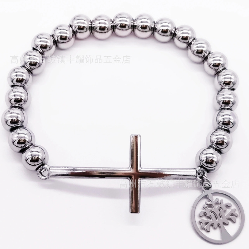跨境热卖8mm不锈钢串珠加十字架弯牌手链圆珠手链diy弹力绳手链详情31