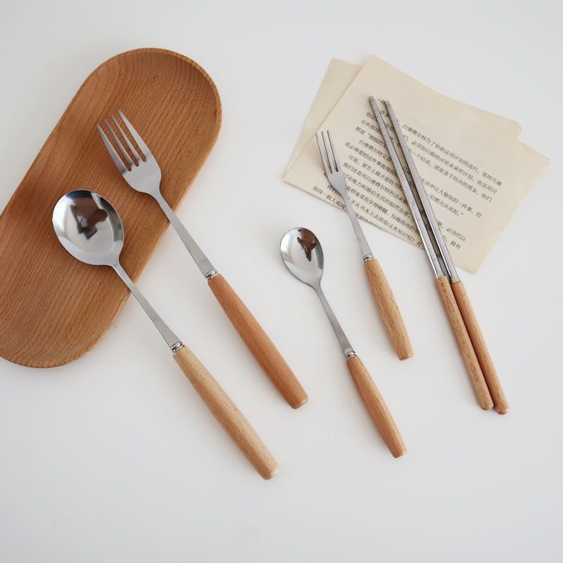 Stainless Steel Knife, Fork And Spoon Set Japanese Simple Wooden Handle Tableware Western Knife And Fork Coffee Spoon Dessert Spoon Wholesale details Picture