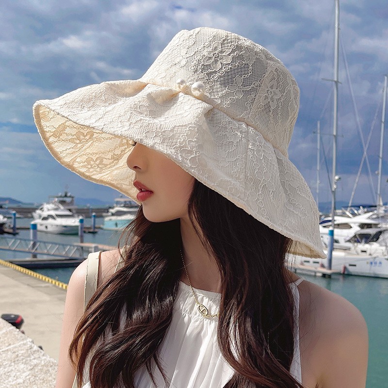 Wholesale of fisherman hats, women's large brim Korean UV sun protection hats, foldable pearl lace hats, summer sun protection hats
