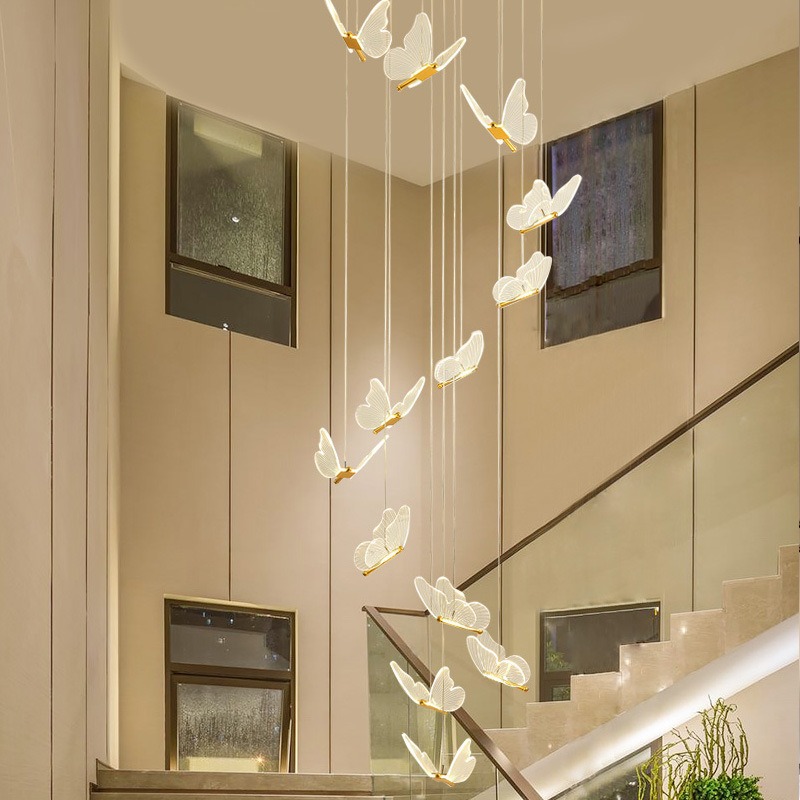 Creative staircase chandelier, duplex villa hall, transparent butterfly bar table lamp, simple modern light luxury living room chandelier full figure
