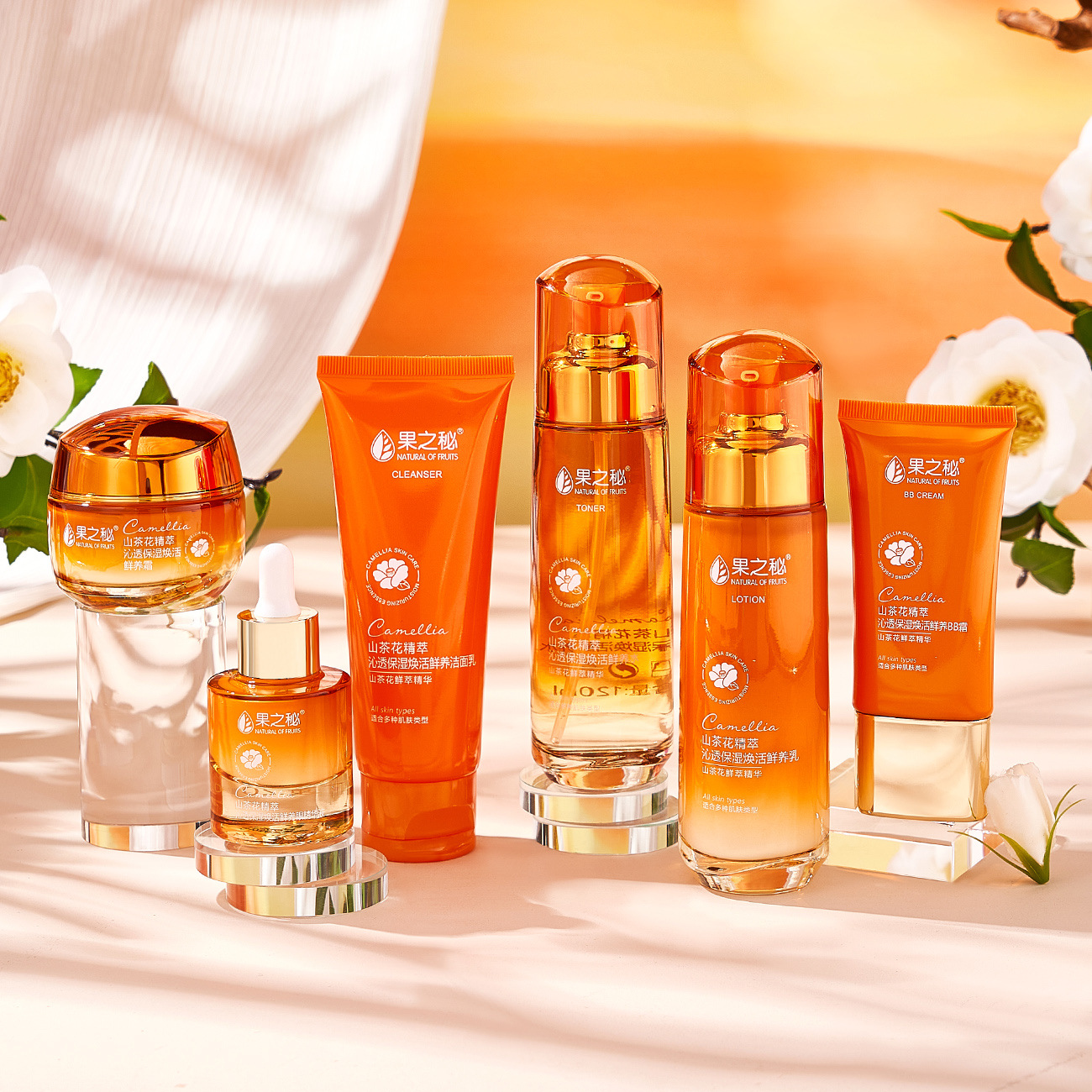 Wholesale Fruit Secret Camellia skincare Set, water and lotion for women, Hydrating, Moisturizing, Firming and makeup, genuine six-piece set, one-piece consignment, street stall goods Application Scenario