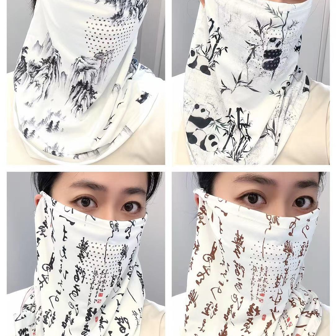 Summer sun protection and shading face mask, women's Chinese-style ink-wash outdoor full-face neck protection and neck wrap, one-piece ice silk ear-hanging
