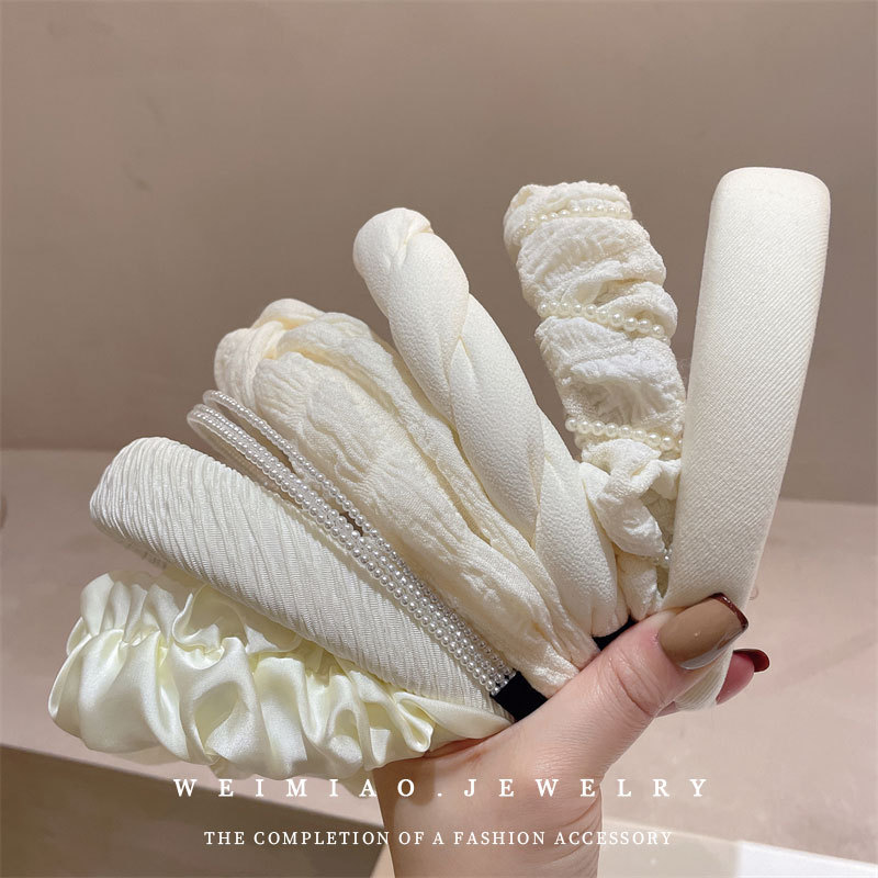 奶白色珍珠布艺褶皱蝴蝶结褶皱发箍高颅顶头箍时尚百搭高级感发饰