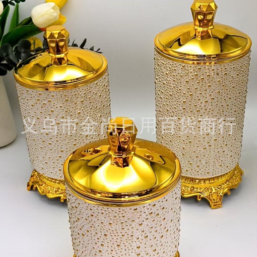 Plastic brick and stone lid, rice bead, golden edge, circular storage tank with a support platform, sealed tank for grains and cereals with a color box