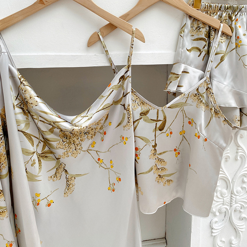 Simple four-piece set of home wear, printed cherry pajamas, women's thin nightgown, halter shorts and halter skirt set Application Scenario