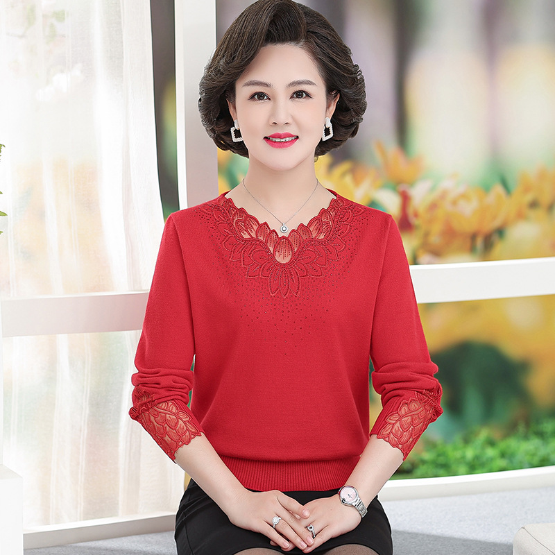 Mother Base Shirt Autumn Winter 2022 New Women's Lace Lace Crewneck Sweater Top Foreign Style Middle-Aged And Elderly Women details Picture