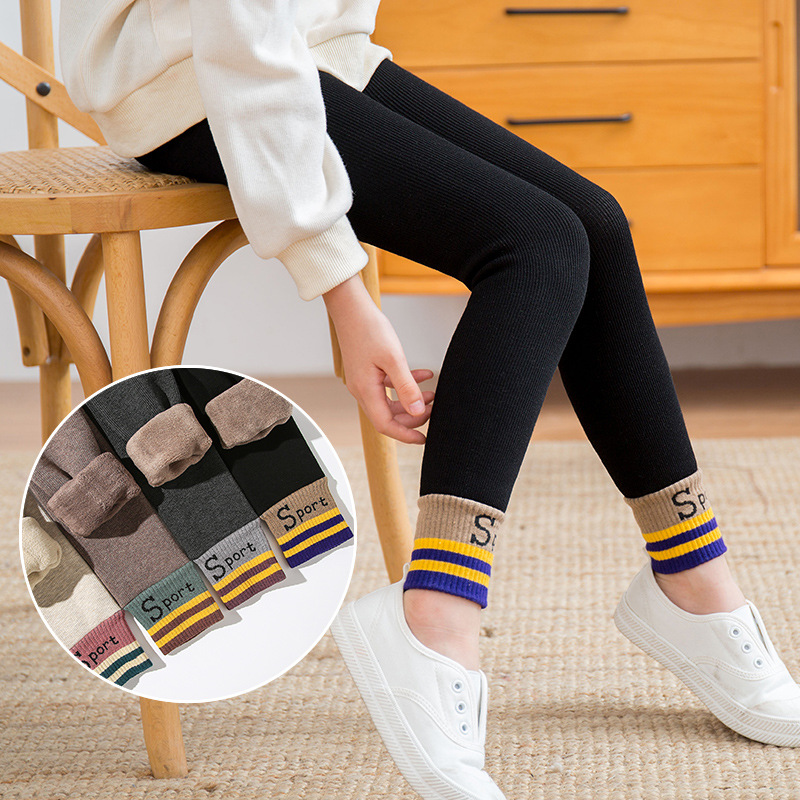 New Korean-style autumn and winter thickened and fleece nine-inch leggings for girls, patchwork sports ankle and winter warm pantyhose