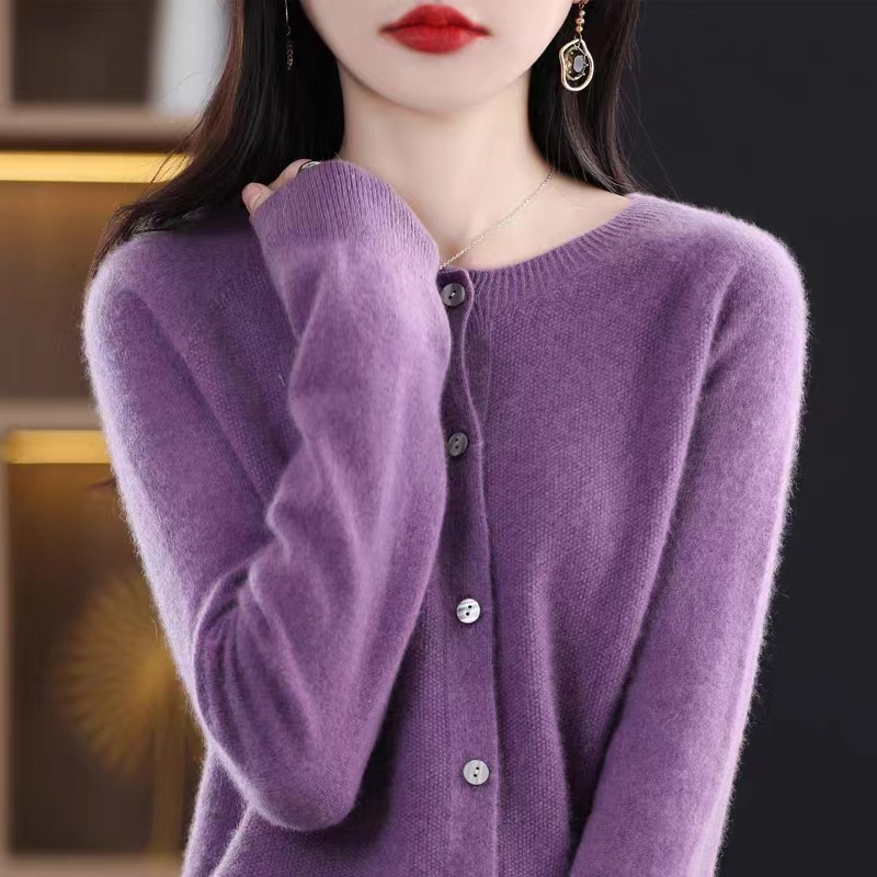 100% pure wool one-piece ready-to-wear cardigan for women, Spring and Autumn new round neck seamless sweater jacket, knitted base layer top Specification image