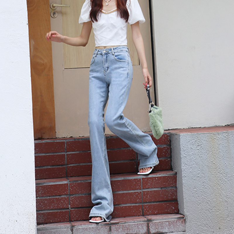 High-waisted stretch caramel brown extended flared women's jeans, summer Korean sweet and hot girl student straight-leg drape long pants Specification image