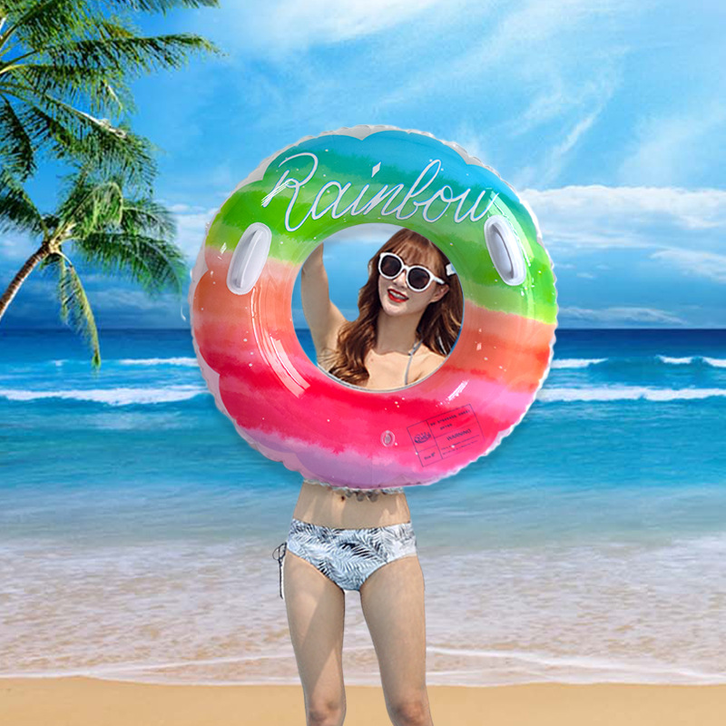 In-Stock Supply Instagram Double Handle Adult Swimming Ring Thickened Pvc Rainbow Pattern Children Swimming Ring Underarm Ring details Picture