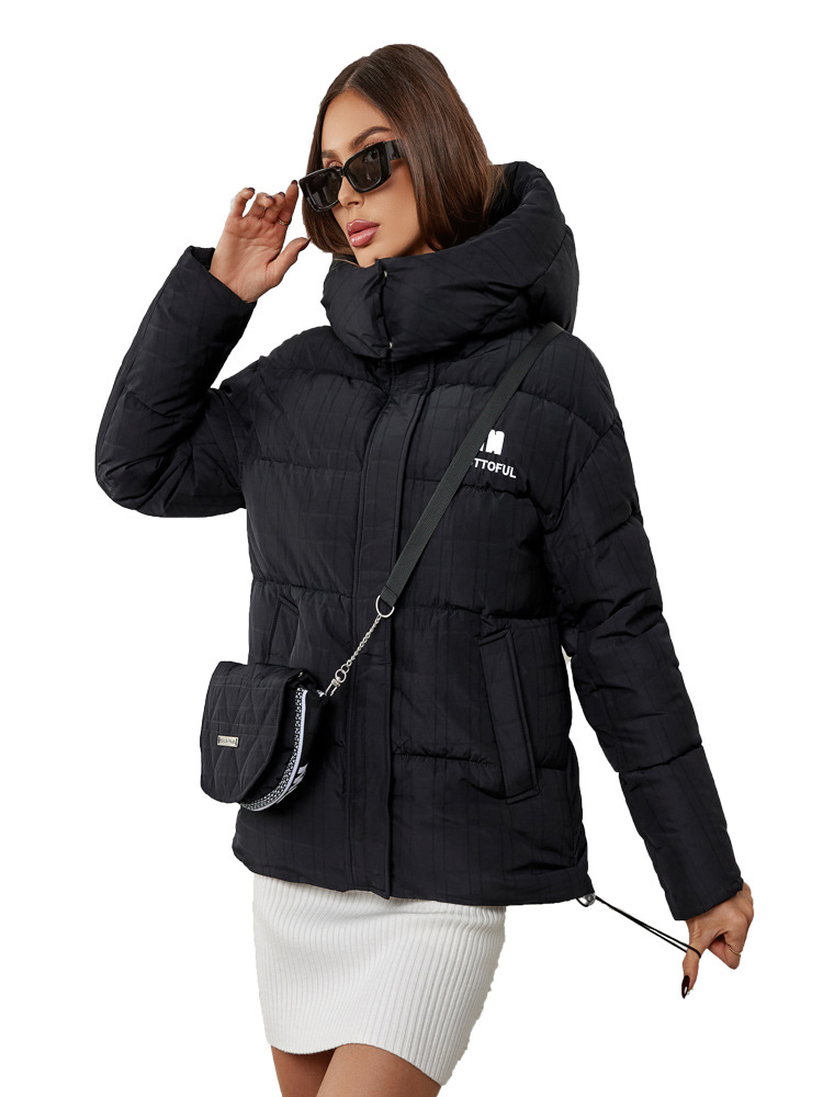 2024 New Cross-Border Fashion Short Cotton-Padded Women's Trend Leisure Foreign Trade Warm Hooded Ladies Cotton-Padded Coat Coat Specification drawing