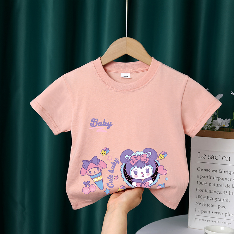 Summer 2024 Sweet Girls' short-sleeved Little princess short-sleeved pure cotton new children's clothing, large children's loose clothes with print details Picture