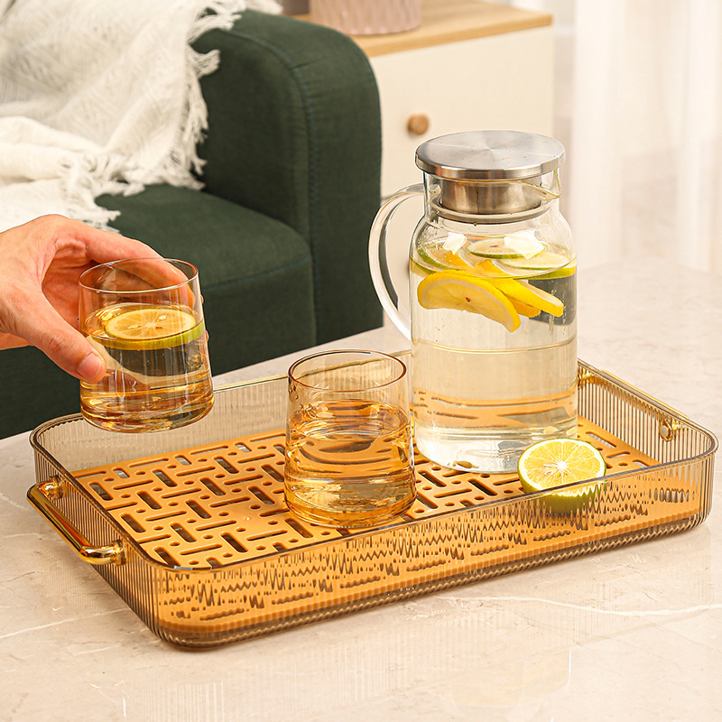 Wang Shun light luxury hollow transparent plastic tea tray multi-functional fruit tea tray rectangular double plate drain tray Specification drawing