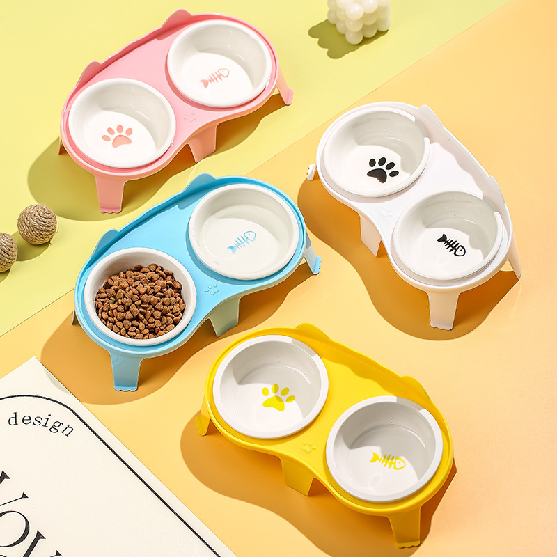 Cat Bowl Ceramic Cat Food Bowl Cat Bowl Pet Bowl Diagonal Protection Of Cervical Vertebrae To Prevent Upset Two Bowls Drink And Feed One Application Scenario