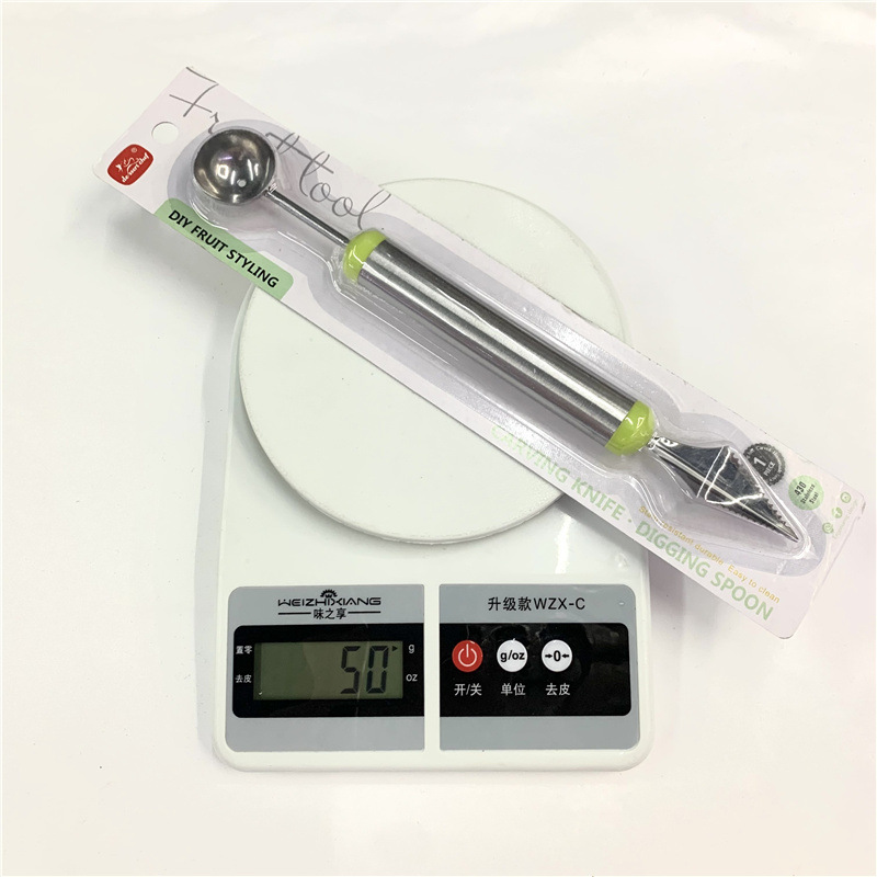 Stainless steel fruit carving knife, household functional double-head watermelon flesh spoon, fruit ball digger, fruit digger wholesale details Picture