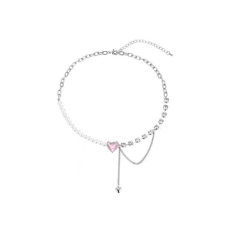 Pink heart-shaped pearl tassel patchwork necklace, a light luxury and niche design for women, a sweet and cool collarbone chain, a popular online necklace Item Picture