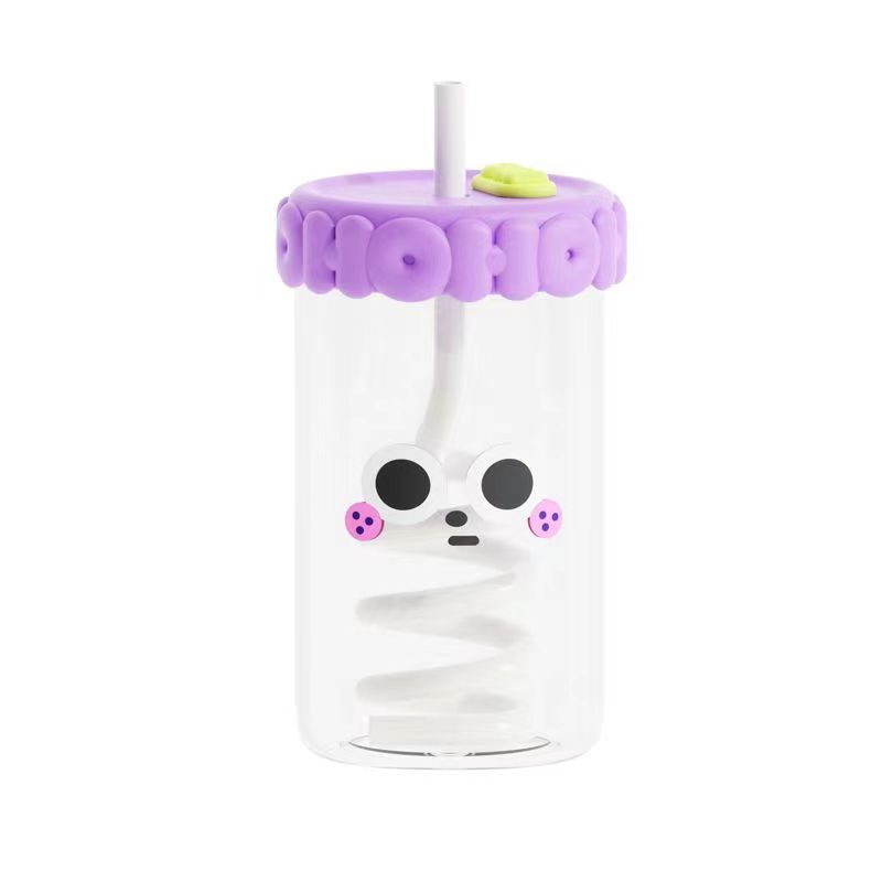 High Borosilicate Glass Water Cup With Cover Cartoon Children's Water Cup Cute Coffee Cup Straw Cup High Temperature Resistant Glass Cup Item Picture