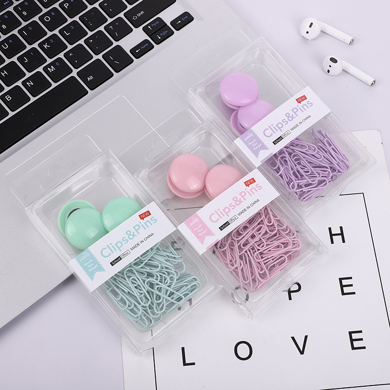 Cross-border 2-in-1 office combo set, macaron-colored paper clip, ticket holder, thumbtack, round head clip, keychain box