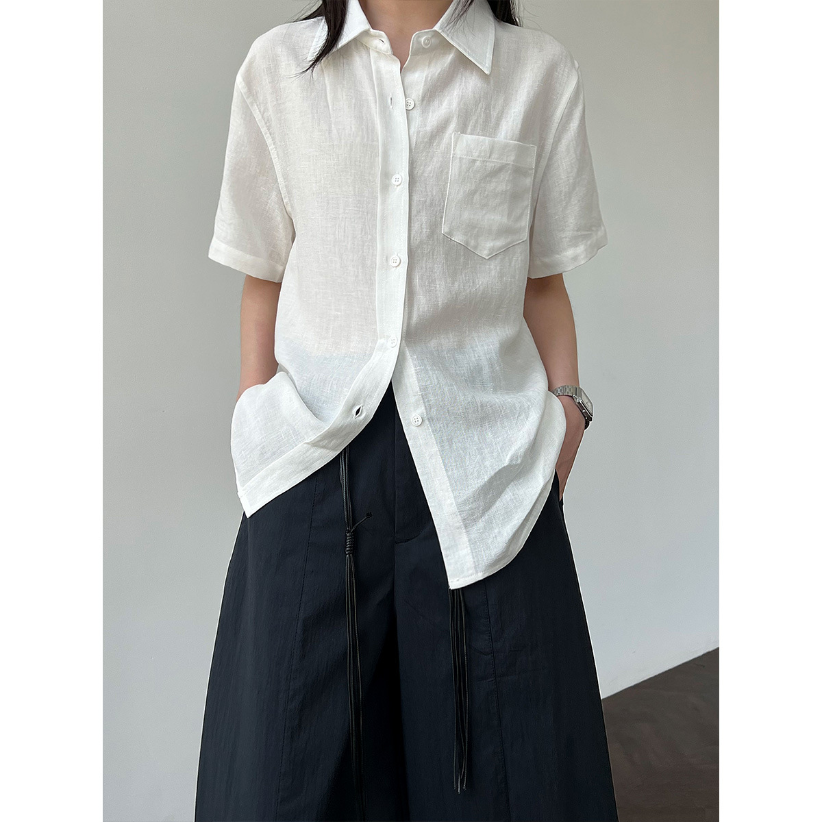 鹿西重工亚麻韩系简约短袖衬衫女夏季新款通勤百搭休闲衬衣8793
