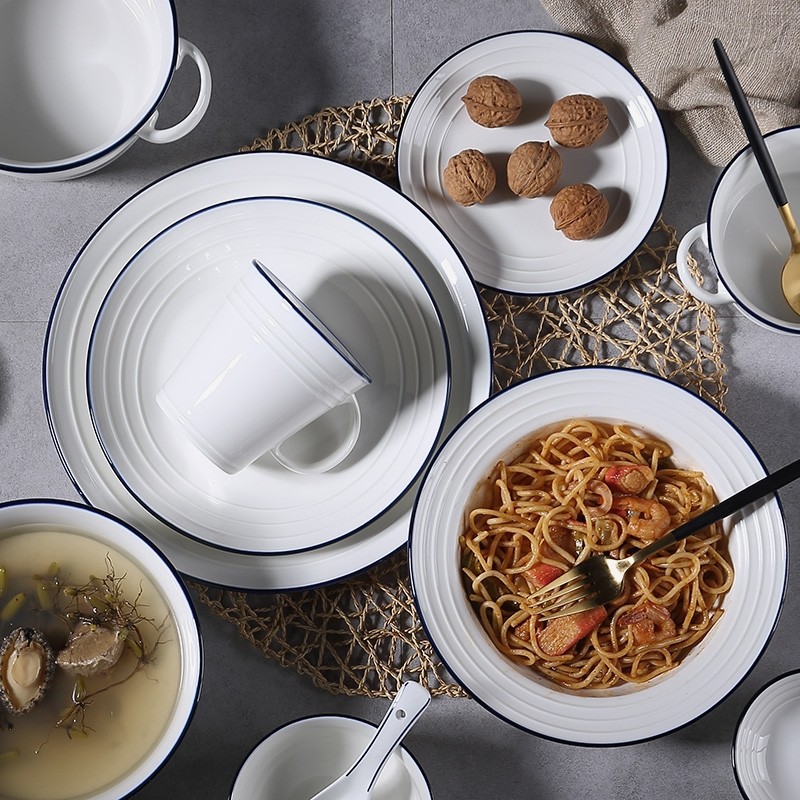 European-style underglaze colored striped tableware, bowls, plates, rice bowls, soup bowls, steak plates, sauce plates, noodle bowls, salad bowls, for household use Specification image