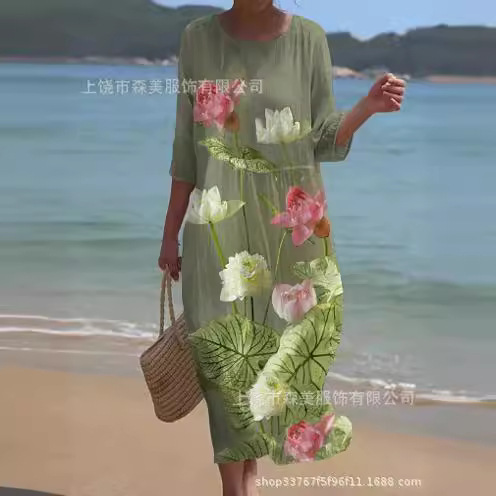 Summer 2024 Cross-border Amazon European and American women's round-neck long printed casual and fashionable women's dresses Specification image
