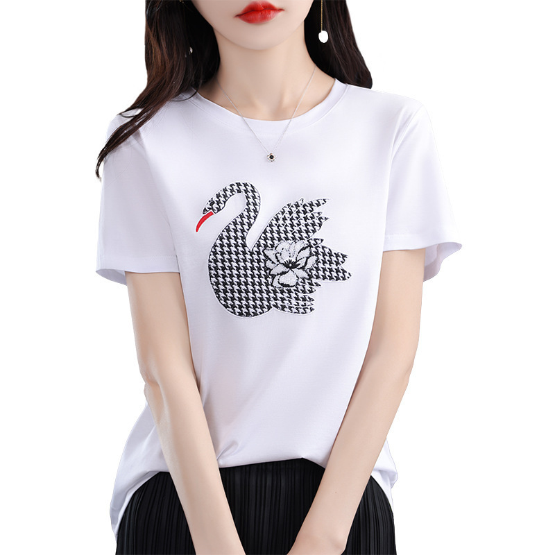 Summer women's mercerized cotton short-sleeved T-shirt, round-neck sequin embroidered vest, loose half-sleeved slimming base layer wholesale Item Picture
