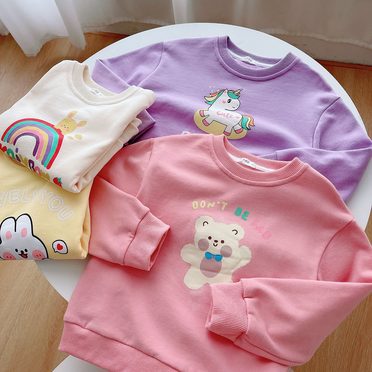 Children's cartoon fur loop hoodie, girls' pure cotton threaded collar long-sleeved base shirt, new spring and autumn baby clothing details Picture