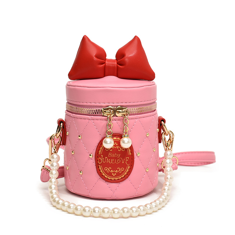 The 2024 new Korean children's bag features a cute bow bucket bag and a stylish girls' pearl chain single-shoulder bag Item Picture