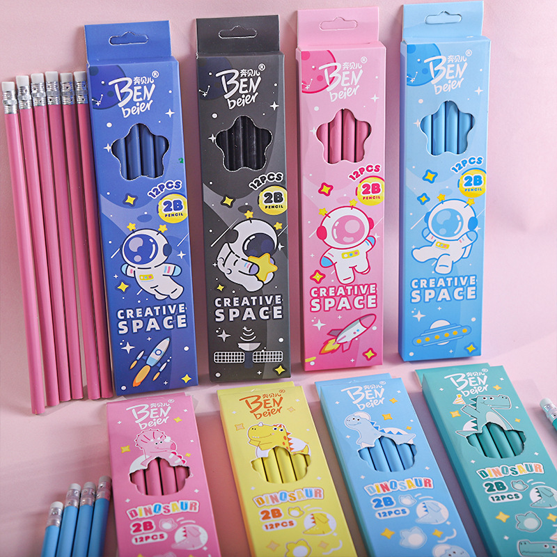 Cartoon pencils, student supplies, 12 2b pencils in a box, student stationery, exam drawing, HB pencils with built-in erasers Specification image