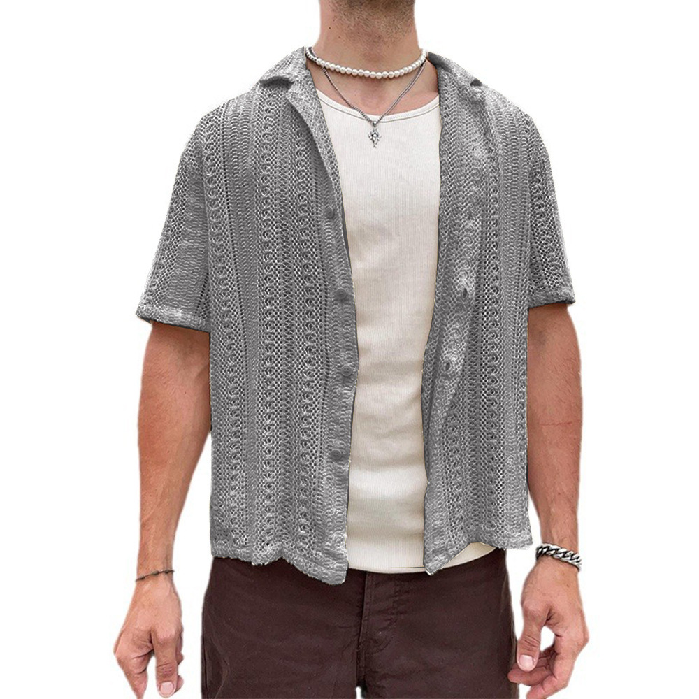European and American fashion summer new men's casual knitted cardigan, white short-sleeved top, men's shirt, hollowed-out men's clothing Specification image