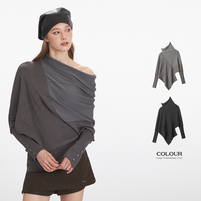 HeyHenry, a new American-style long-sleeved pullover for women's 2025 autumn and winter with an irregular semi-high neck design