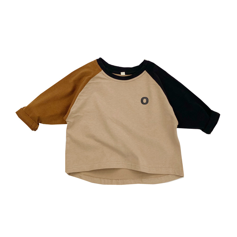 Children's long-sleeved T-shirt autumn new collection: Korean-style letter print top, round-neck color-blocked shoulder base layer for boys and girls Item Picture