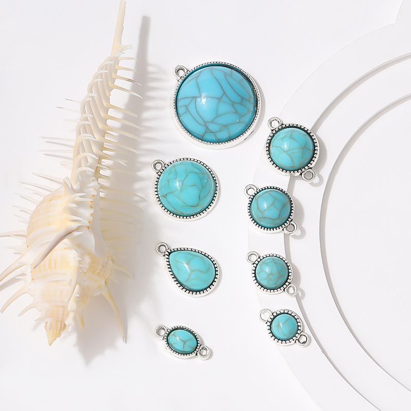 跨境新品复古几何椭圆形半面珠仿松石内嵌蓝裂纹亚克力工厂直销图