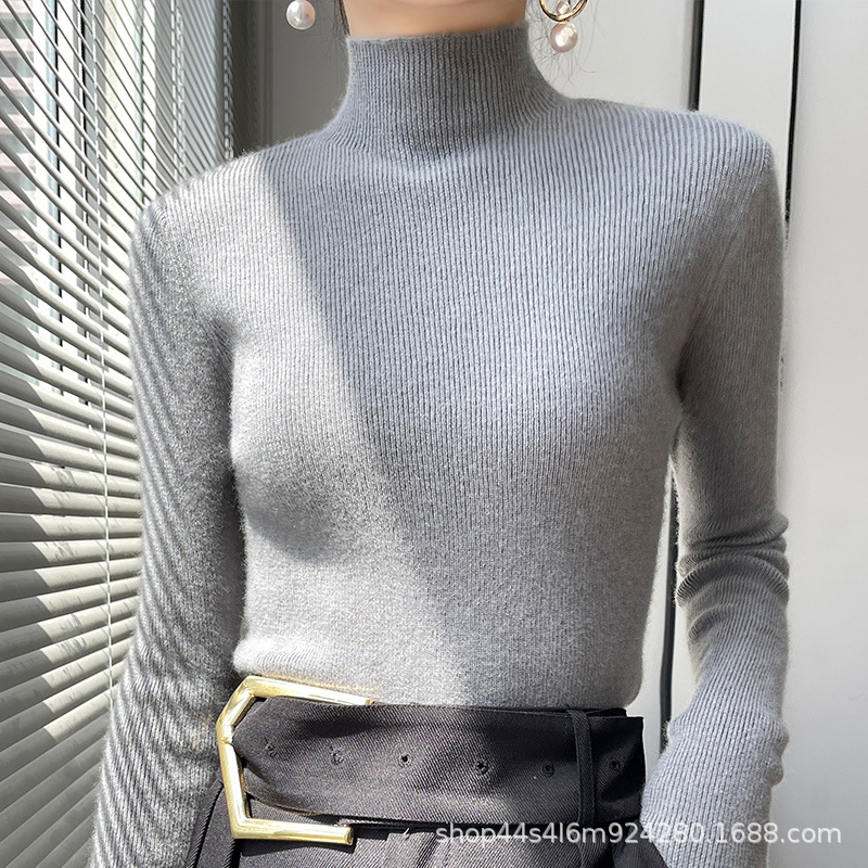 Mid-neck slimming base layer, half-height pullover sweater for autumn and winter, women's long-sleeved sweater, solid color, high elasticity, slimming