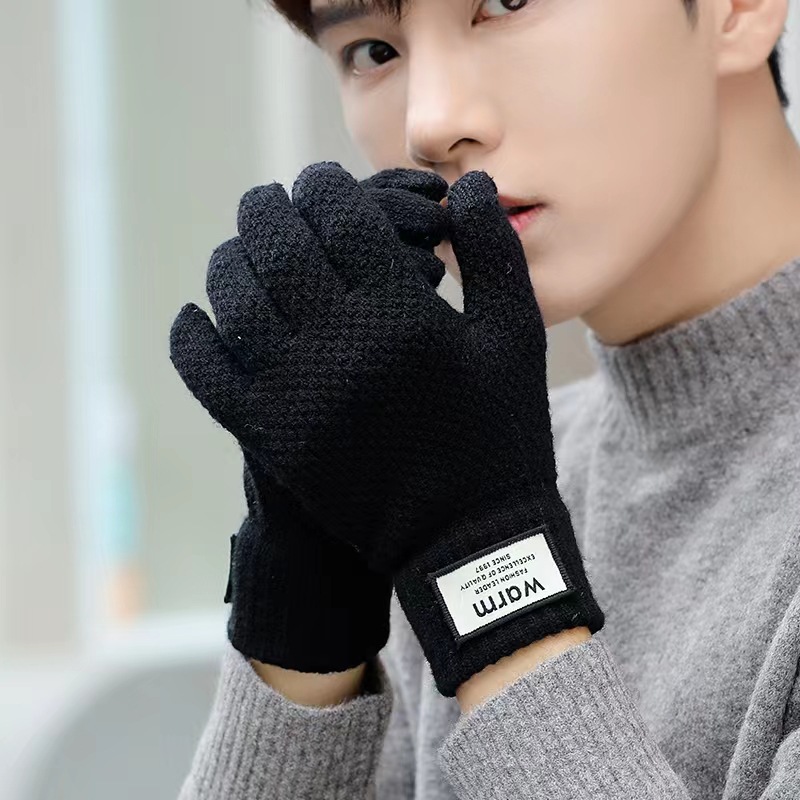 Men's Winter Touch Screen Plus Cashmere Warm Cycling Knitting Students Female Antifreeze Driving Five-Finger Gloves Wholesale details Picture