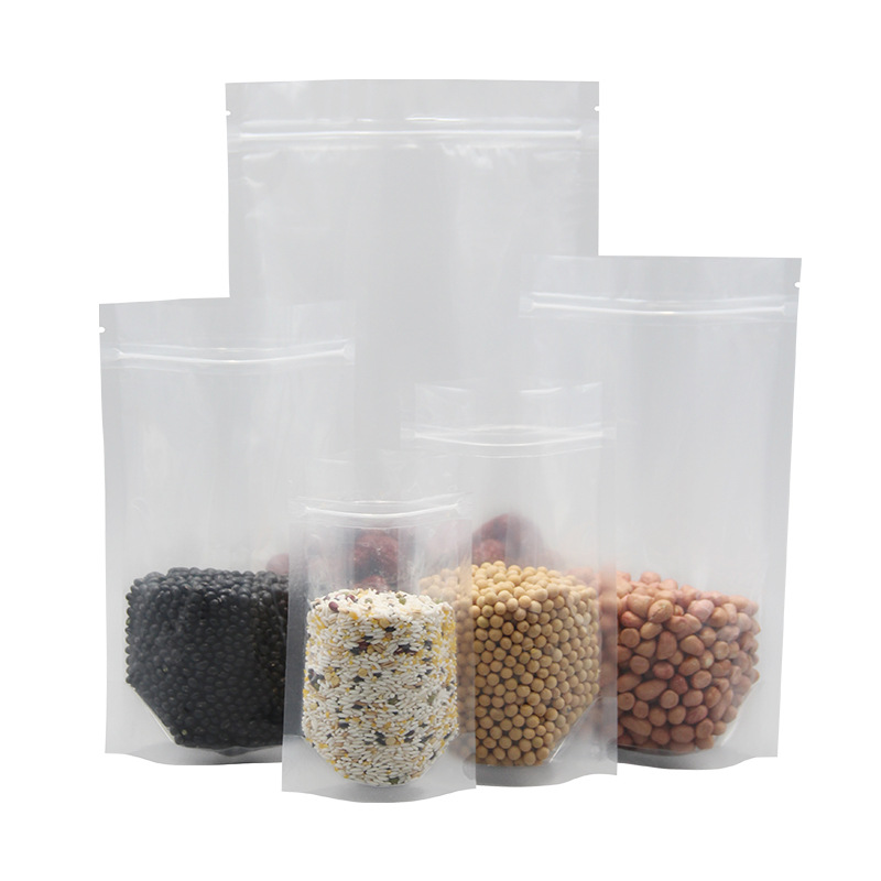 Transparent self-standing self-sealing bag, data cable, food packaging bag, snacks, grains and cereals, transparent plastic self-standing bone bag Item Picture