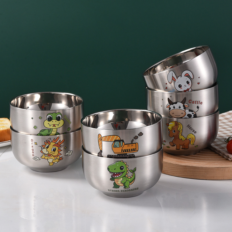 Cartoon Cute Children's Stainless Steel Bowl Food Grade 12 Zodiac Baby Heat Insulation Double Household Eat Rice Bowl To Prevent Falling details Picture