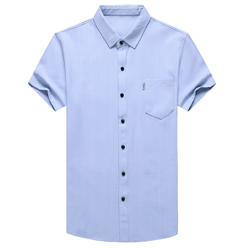 Cotton and linen short-sleeved shirt for men, summer business casual, checkered printed one-inch thin, true pocket middle-aged shirt for men Item Picture