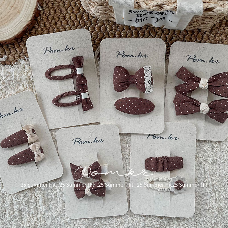 New Korean-style sweet coffee-colored polka dot hair clips, children's fabric bow, side fringed bangs clips, lace clips details Picture