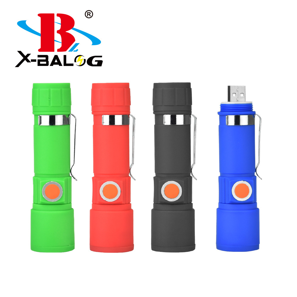 LED多功能一体USB充电手电筒塑料便携LED防水远射调焦笔夹手电筒