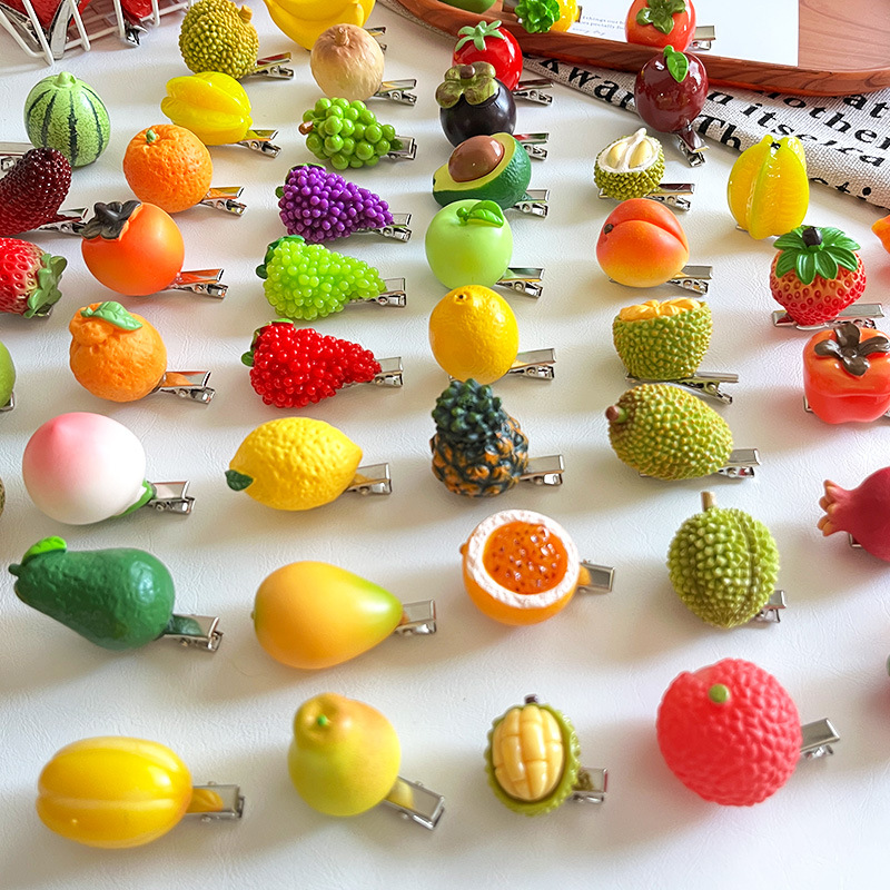 创意仿真水果发夹食玩草莓榴莲石榴发卡可爱树脂边夹趣味桃子发饰详情11