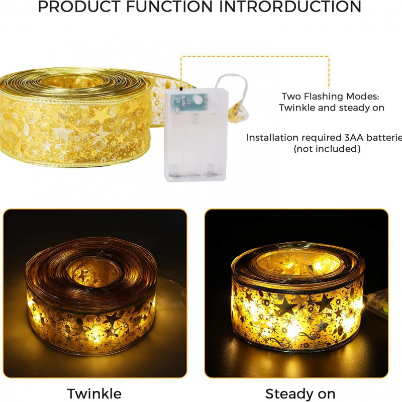 Ribbon string led Christmas tree decorative lights, festive atmosphere colored lights, double-layer gilded silk satin ribbon copper wire lights Item Picture