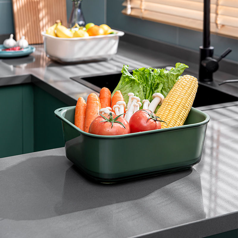 Double Drain Basket Plastic Kitchen Home Water Fruit Basket Thickened Rectangular Dark Green Creative Washing Basin Hair Specification drawing