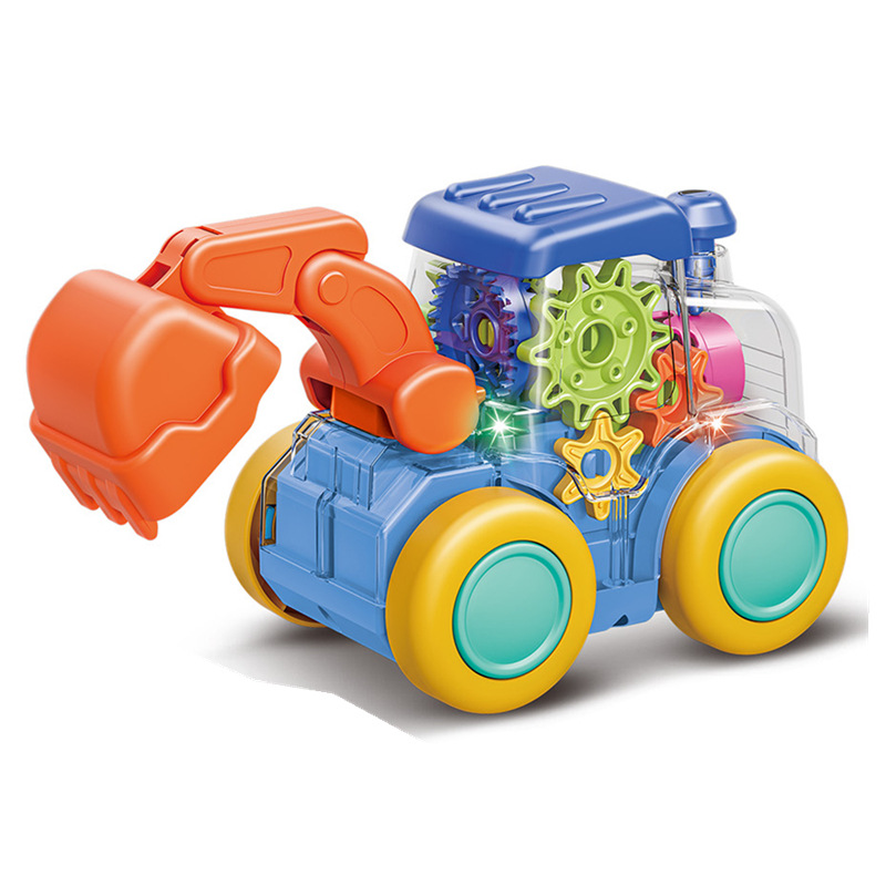 Fun electric dazzling light universal joint transparent music gear digging earth children's project toy car full figure