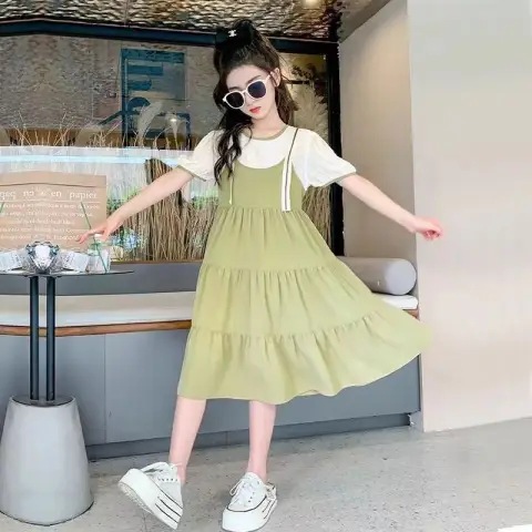 时尚休闲女童连衣裙夏装新款女孩裙子夏季公主风儿童假两件吊带裙