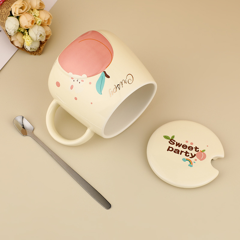 Lovely Embossed Fruit Creative Printed Mugs Fashion Students With Lid Spoon Ceramic Cup Milk Coffee Cup Specification drawing