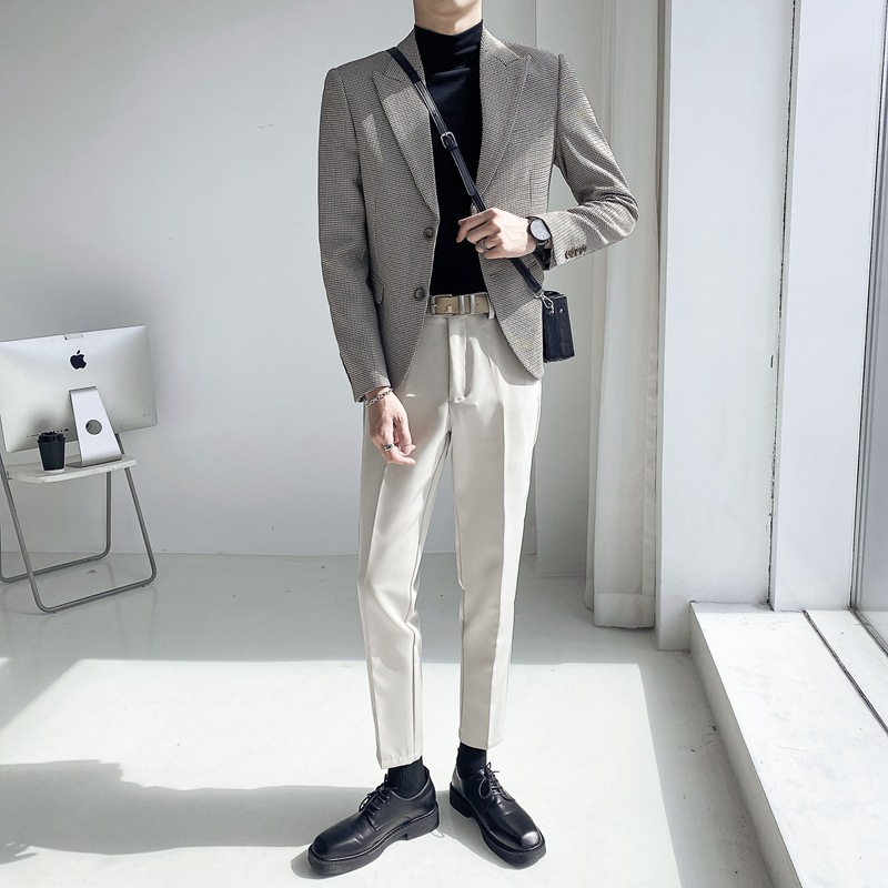 Autumn's new men's fitted checkered drape suit, a youth trend suit, a Korean-style light mature coat top details Picture