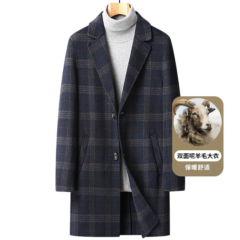 Autumn and winter trend check double-sided woolen overcoat, men's thickened mid-length woolen overcoat, windbreaker, woolen coat Item Picture